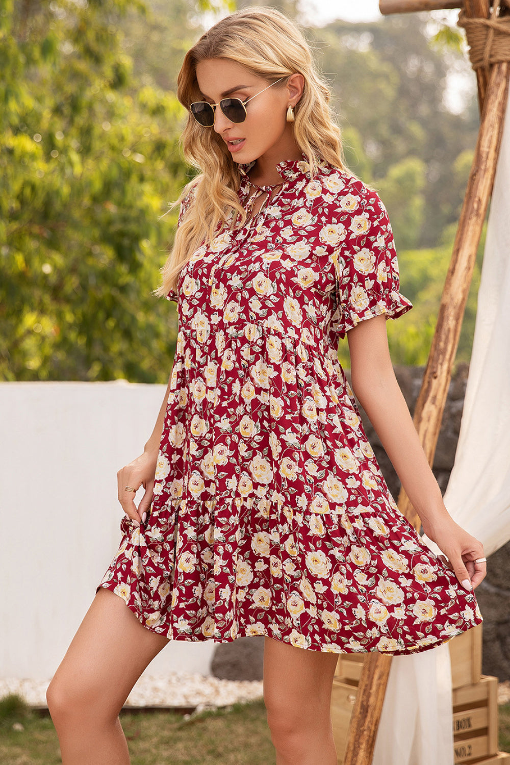 Ivy Lane Floral Ruffle Trim Tie-Neck Dress