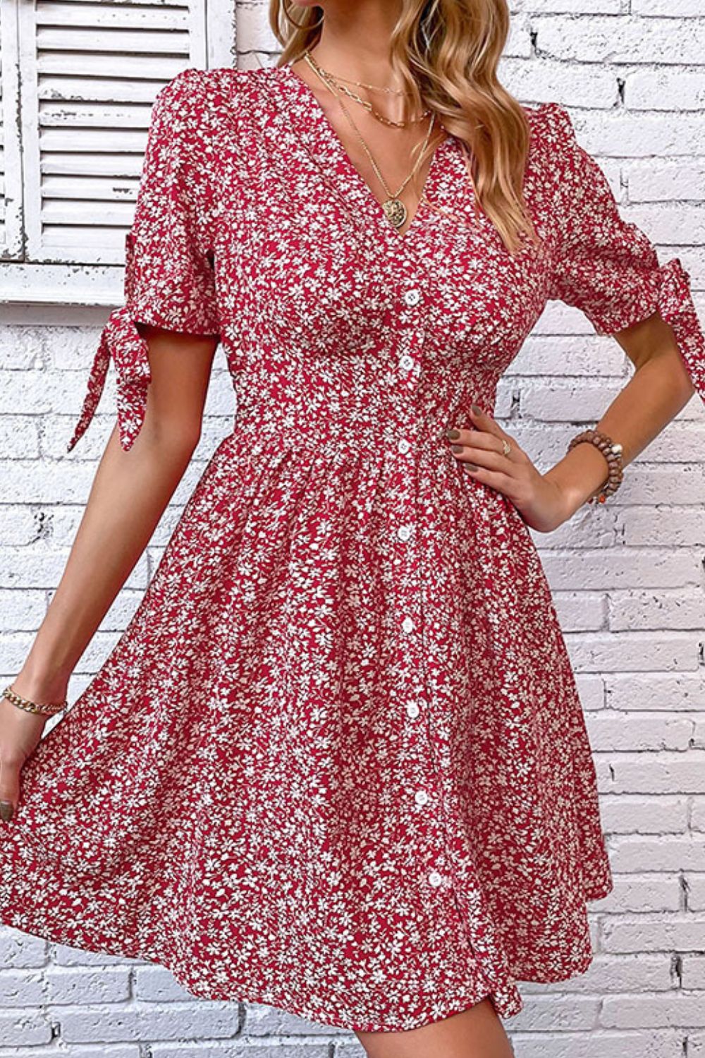 Perfee Ditsy Floral Tied Puff Sleeve Button Front Dress