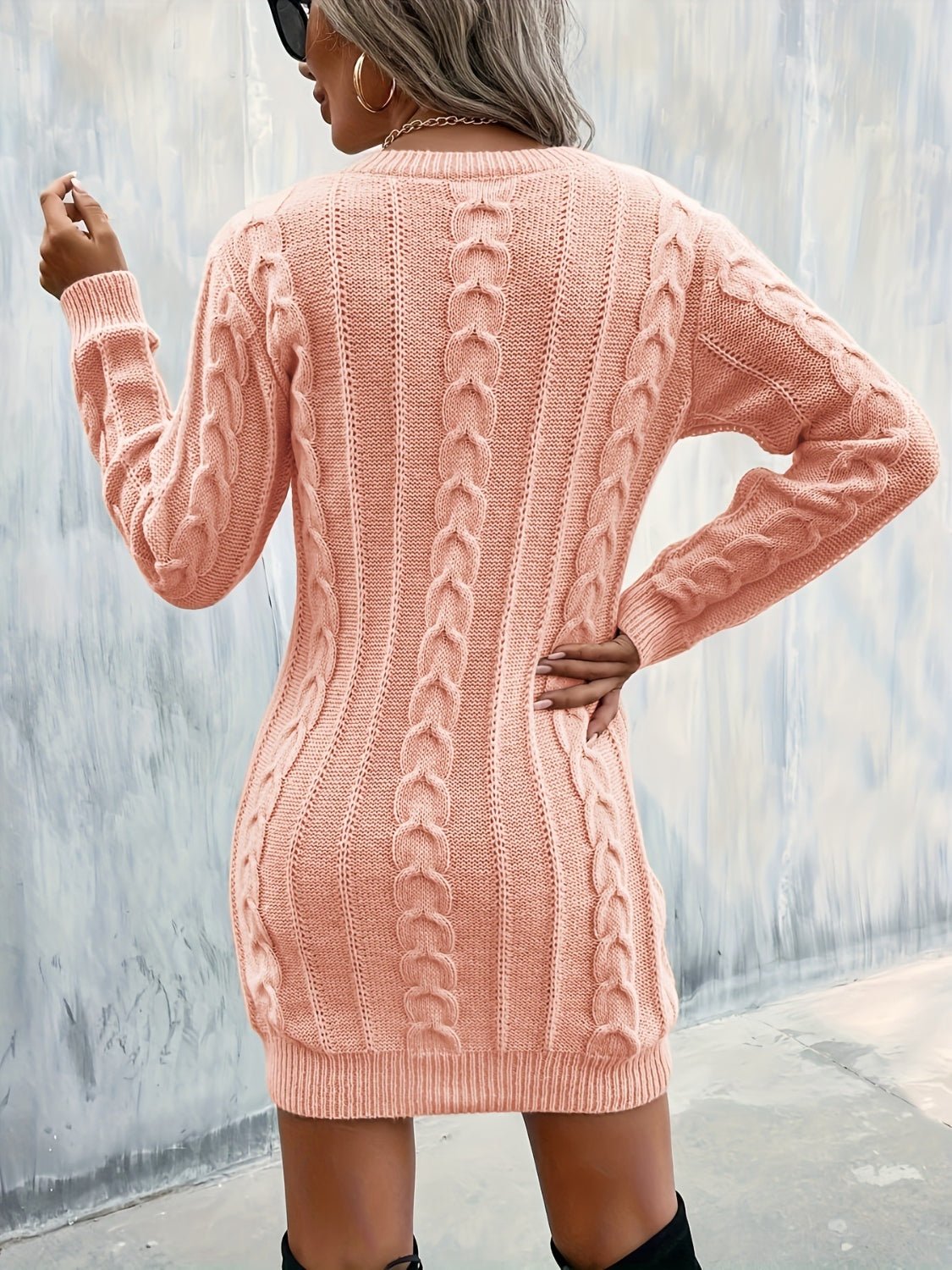 Cable - Knit V - Neck Sweater Dress - Runway Regalia