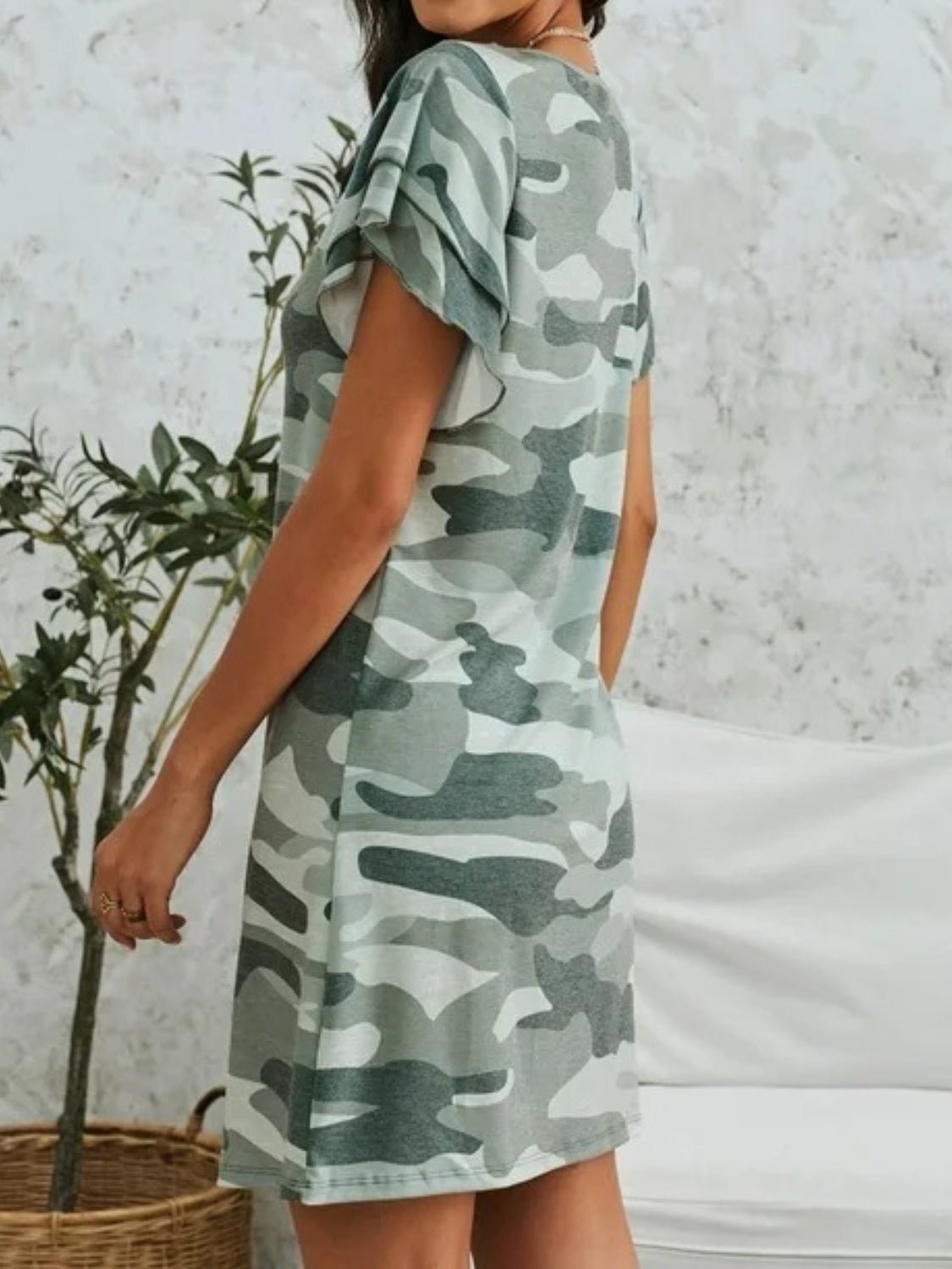 Camouflage Round Neck Short Sleeve Mini Dress - Runway Regalia