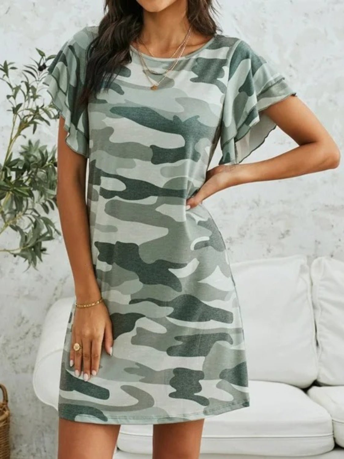 Camouflage Round Neck Short Sleeve Mini Dress - Runway Regalia