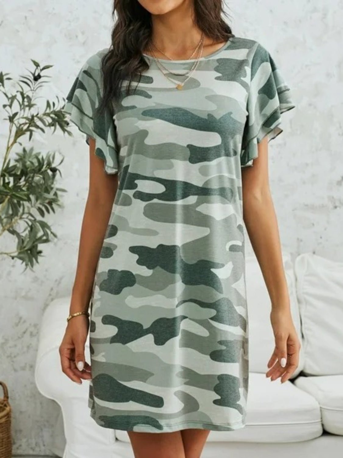 Camouflage Round Neck Short Sleeve Mini Dress - Runway Regalia