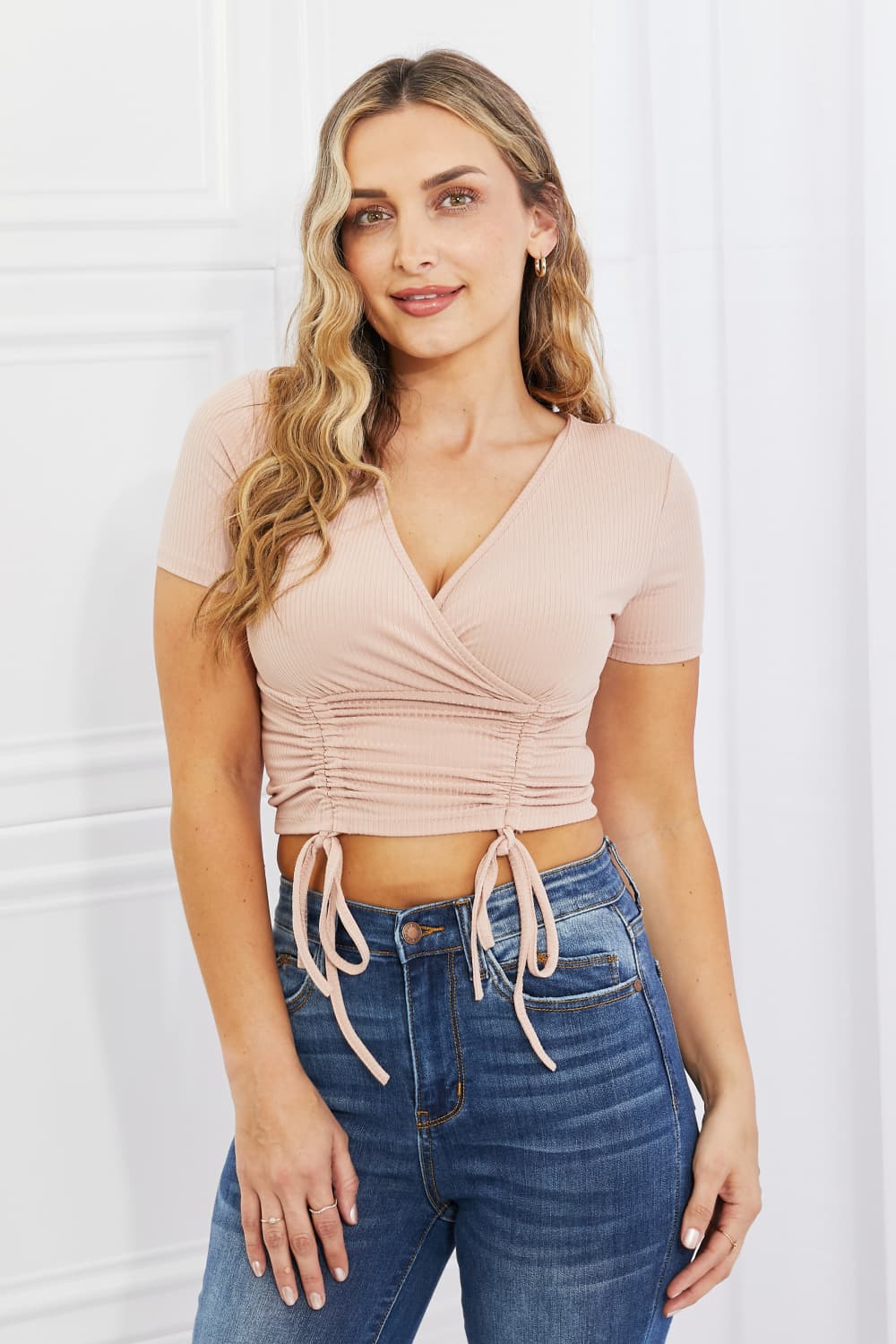 Capella Back To Simple Full Size Ribbed Front Scrunched Top in Blush - Runway Regalia