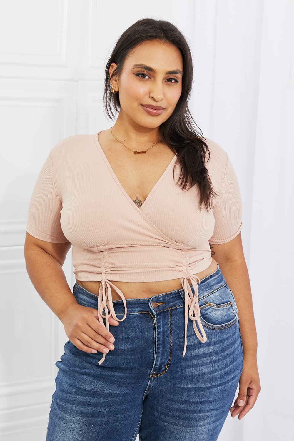 Capella Back To Simple Full Size Ribbed Front Scrunched Top in Blush - Runway Regalia