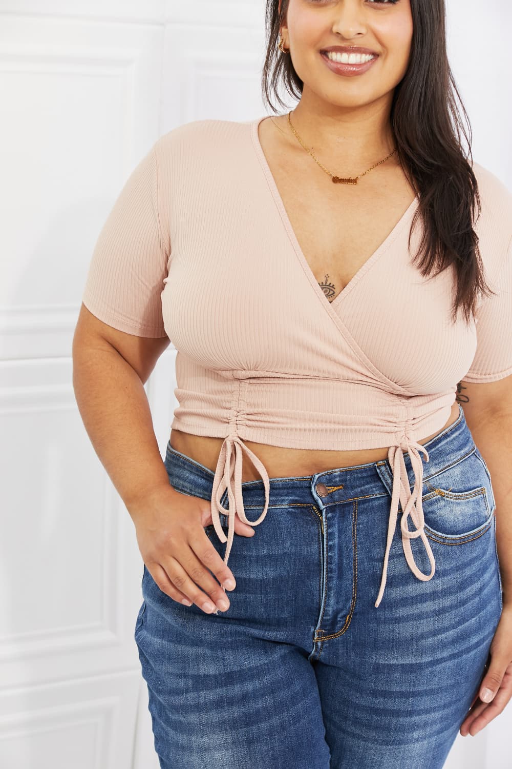 Capella Back To Simple Full Size Ribbed Front Scrunched Top in Blush - Runway Regalia