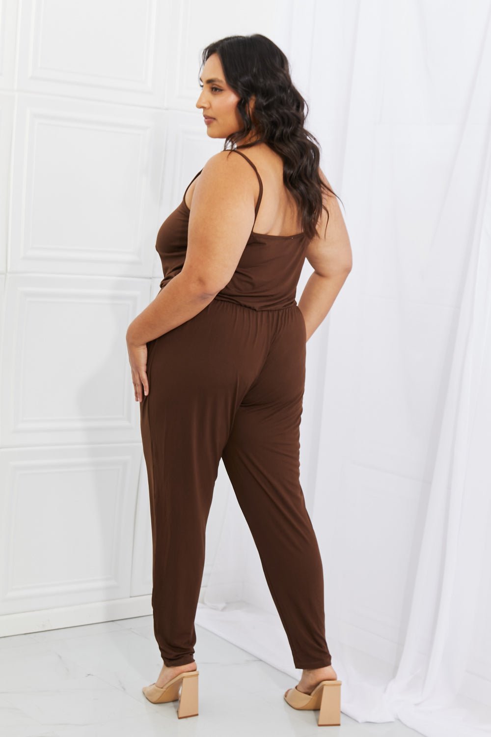 Capella Comfy Casual Full Size Solid Elastic Waistband Jumpsuit in Chocolate - Runway Regalia