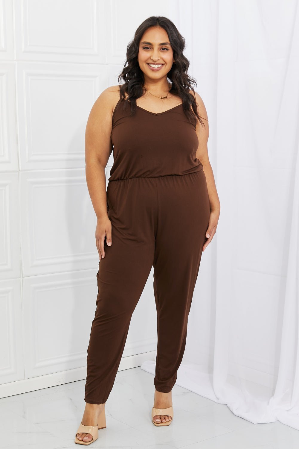 Capella Comfy Casual Full Size Solid Elastic Waistband Jumpsuit in Chocolate - Runway Regalia