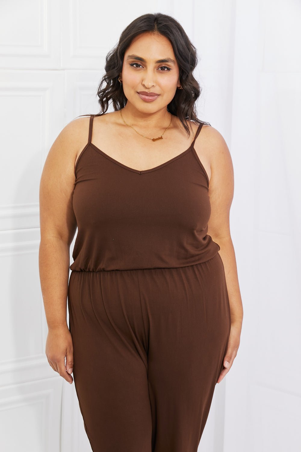 Capella Comfy Casual Full Size Solid Elastic Waistband Jumpsuit in Chocolate - Runway Regalia