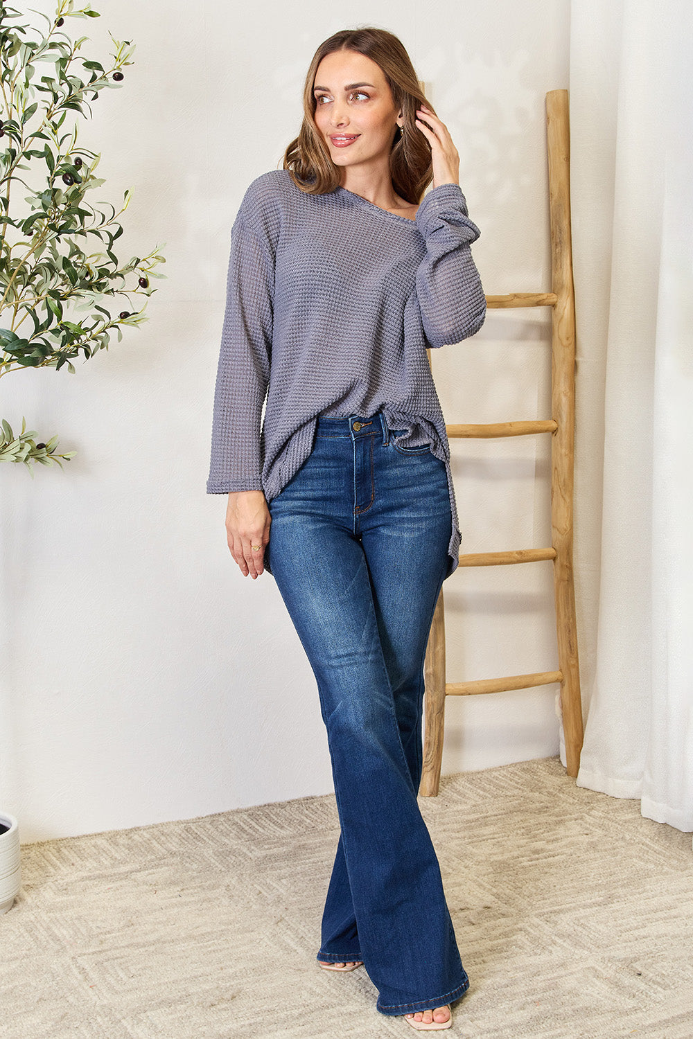 Waffle-Knit Round Neck Long Sleeve Slit Sweatshirt