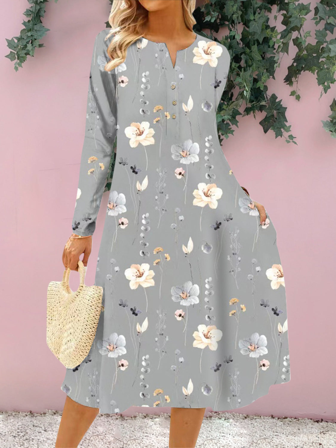 Vestido midi de manga larga con muescas y estampado floral