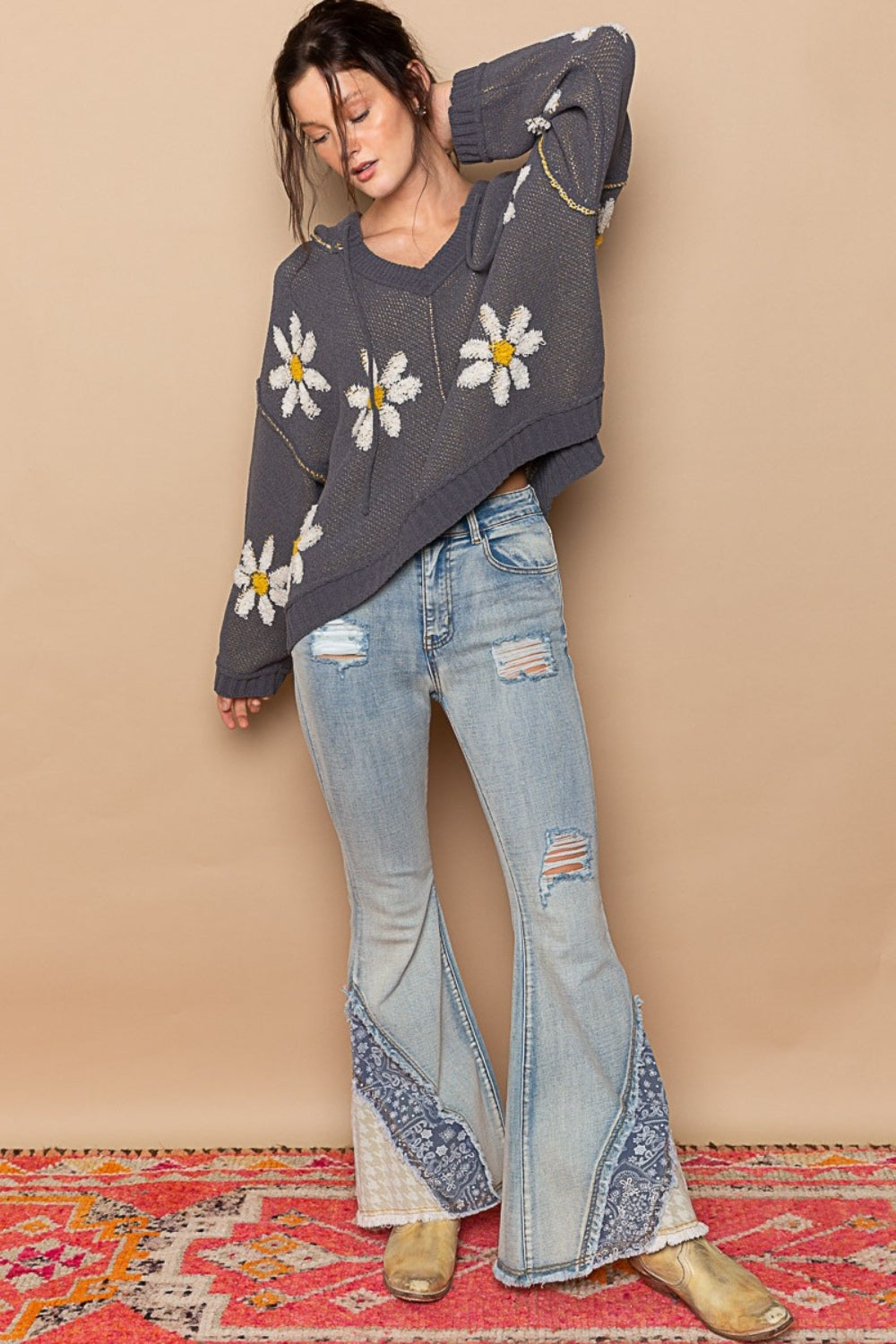 POL Floral Pattern Hooded High-Low Sweater