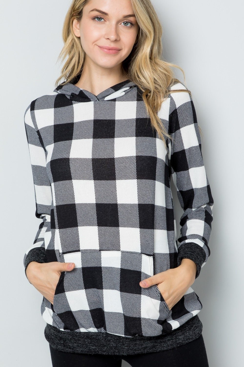 Celeste Full Size Contrast Plaid Long Sleeve Hoodie - Runway Regalia