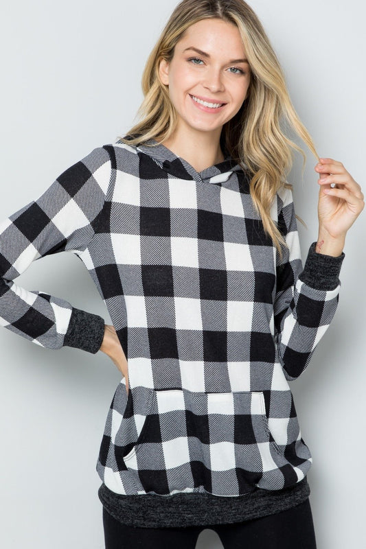 Celeste Full Size Contrast Plaid Long Sleeve Hoodie - Runway Regalia