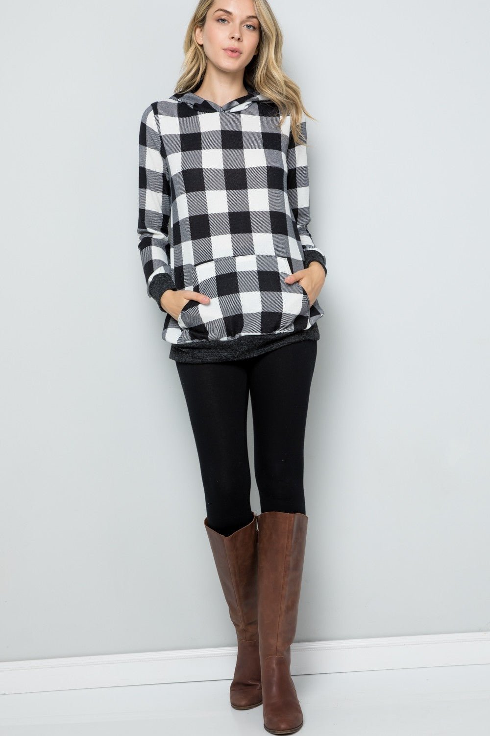 Celeste Full Size Contrast Plaid Long Sleeve Hoodie - Runway Regalia