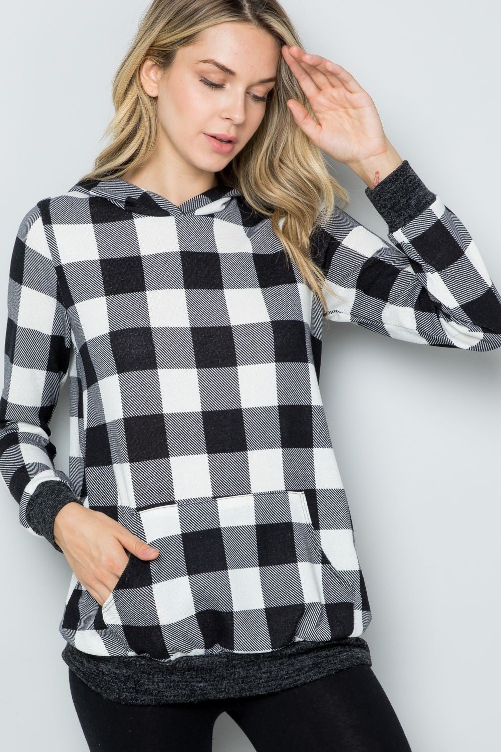 Celeste Full Size Contrast Plaid Long Sleeve Hoodie - Runway Regalia