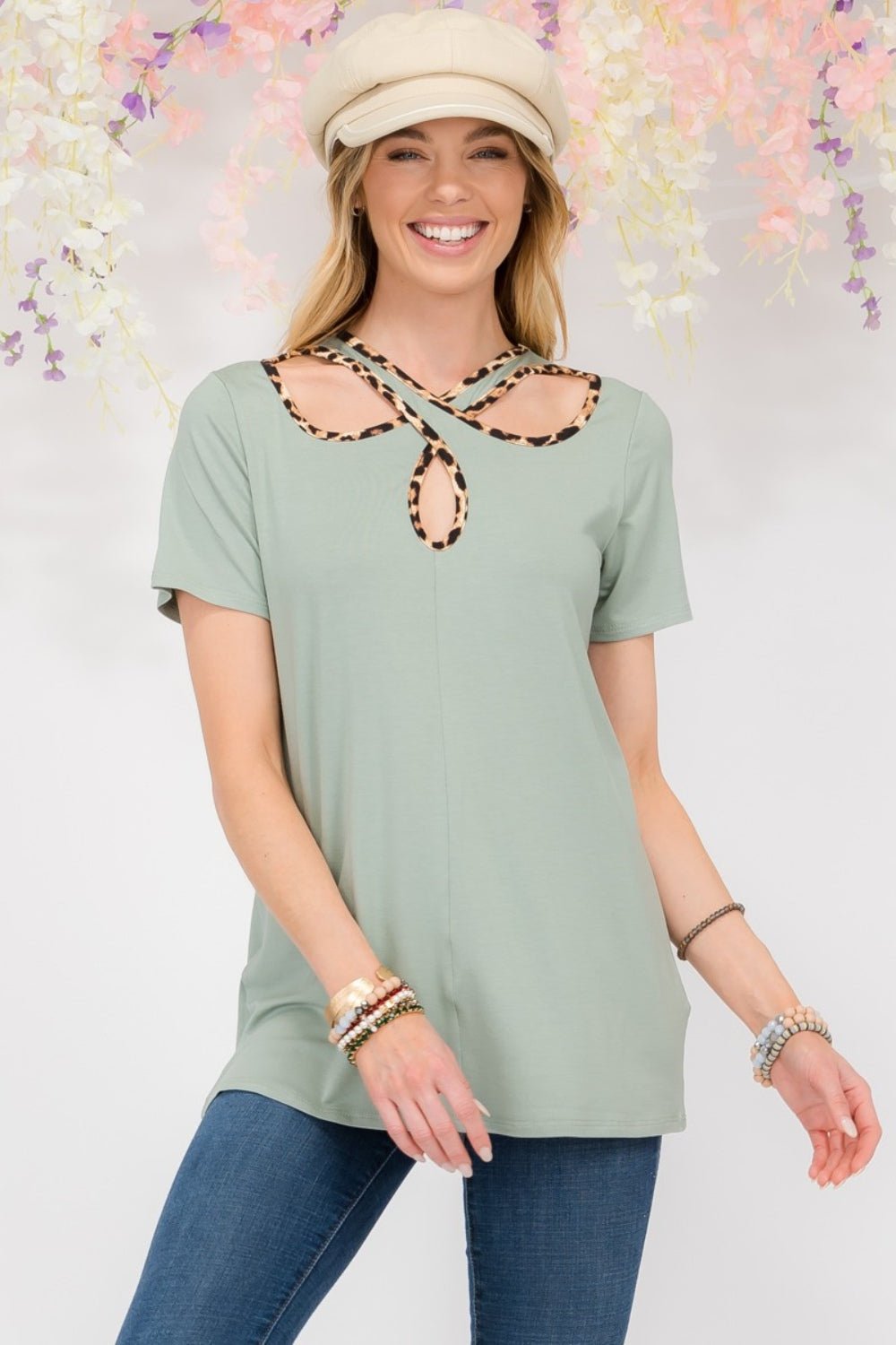 Celeste Full Size Crisscross Cutout Leopard Contrast Trim T-Shirt - Runway Regalia