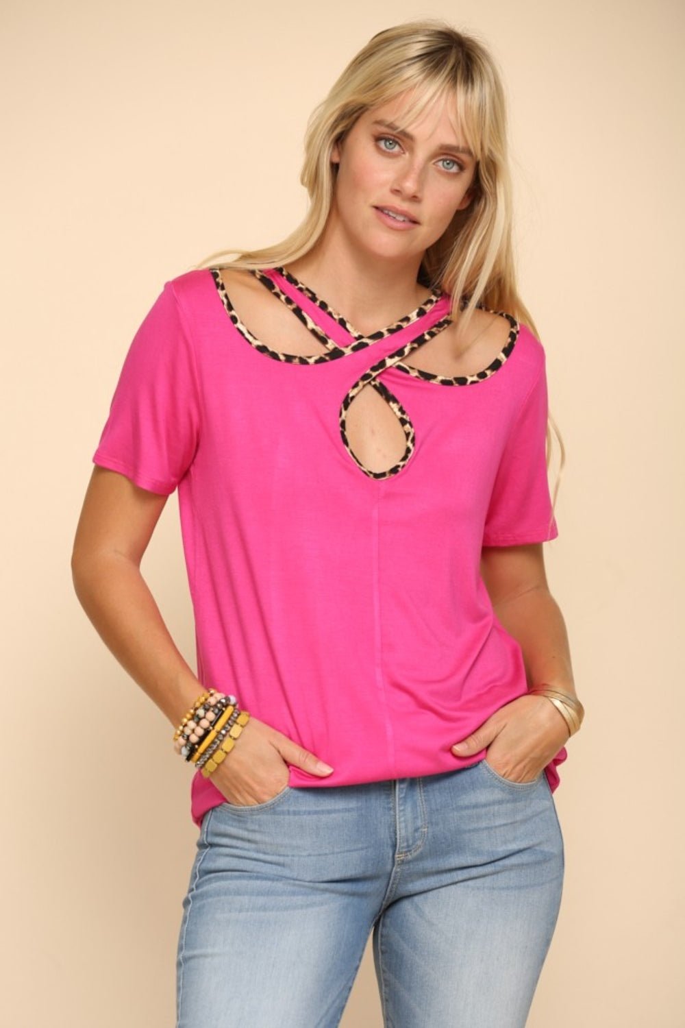 Celeste Full Size Crisscross Cutout Leopard Contrast Trim T-Shirt - Runway Regalia