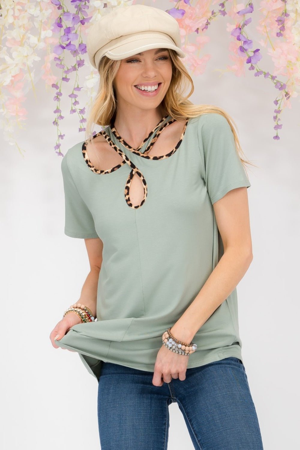 Celeste Full Size Crisscross Cutout Leopard Contrast Trim T-Shirt - Runway Regalia