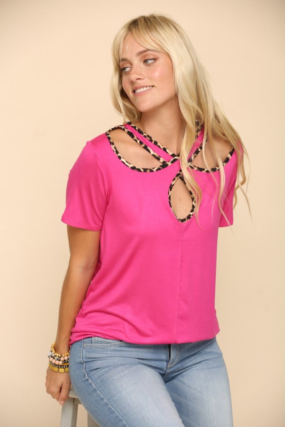 Celeste Full Size Crisscross Cutout Leopard Contrast Trim T-Shirt - Runway Regalia