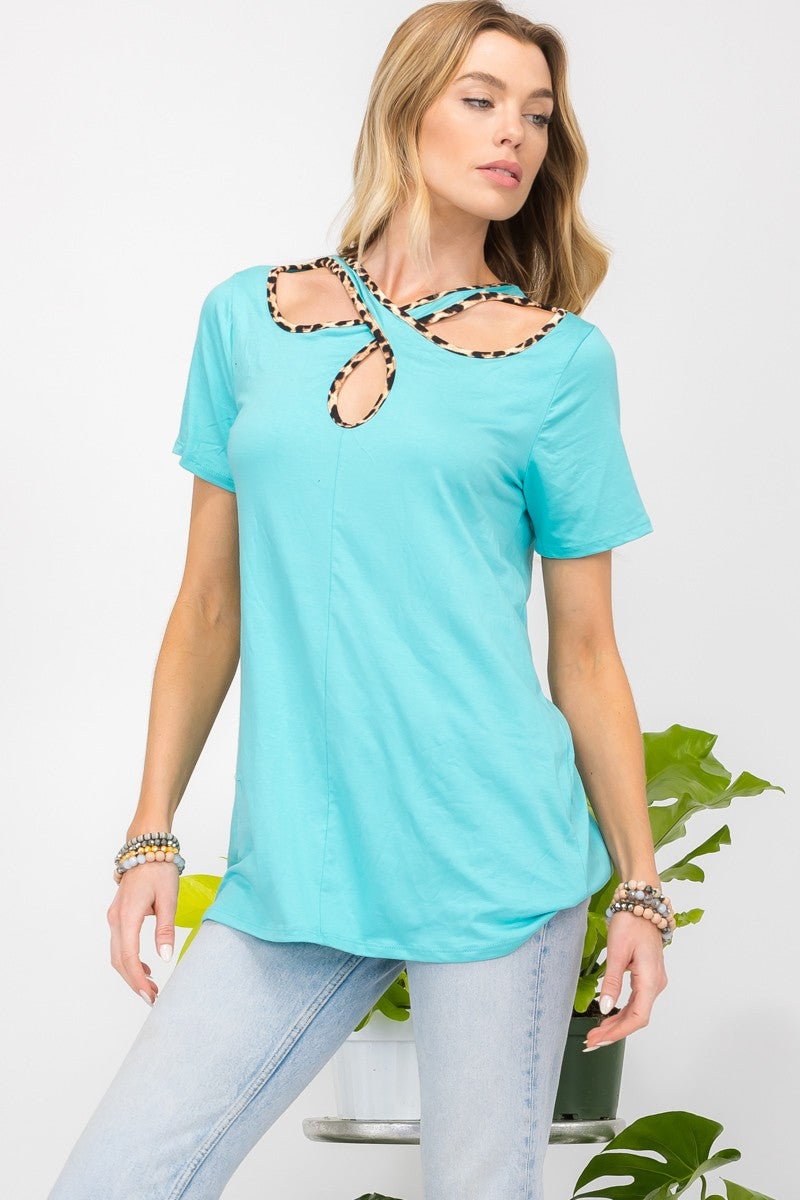 Celeste Full Size Crisscross Cutout Leopard Contrast Trim T-Shirt - Runway Regalia