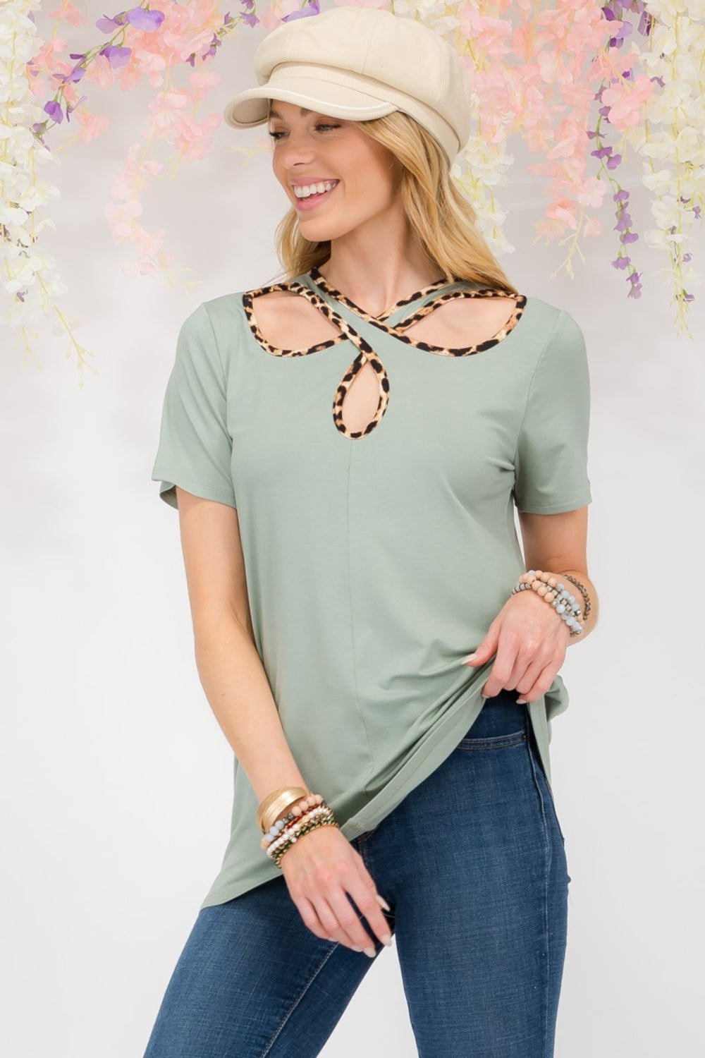 Celeste Full Size Crisscross Cutout Leopard Contrast Trim T-Shirt - Runway Regalia