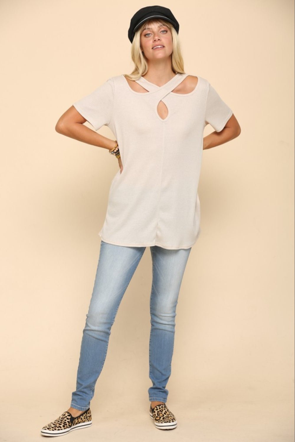 Celeste Full Size Crisscross Cutout Short Sleeve T-Shirt - Runway Regalia