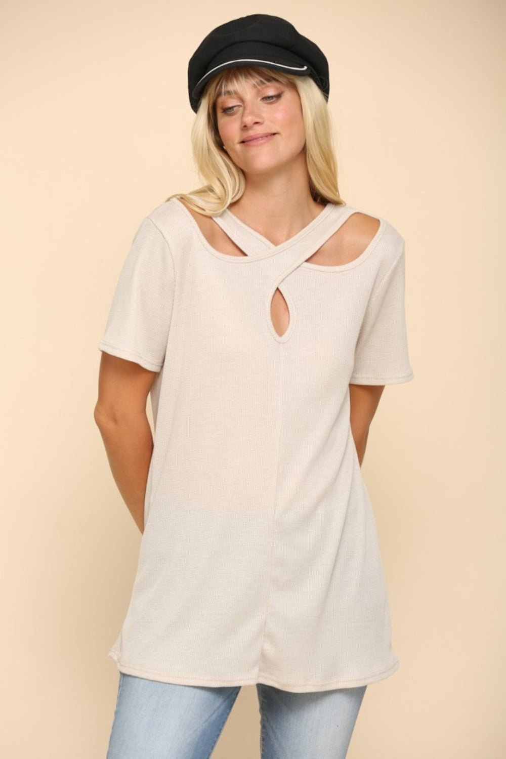 Celeste Full Size Crisscross Cutout Short Sleeve T-Shirt - Runway Regalia