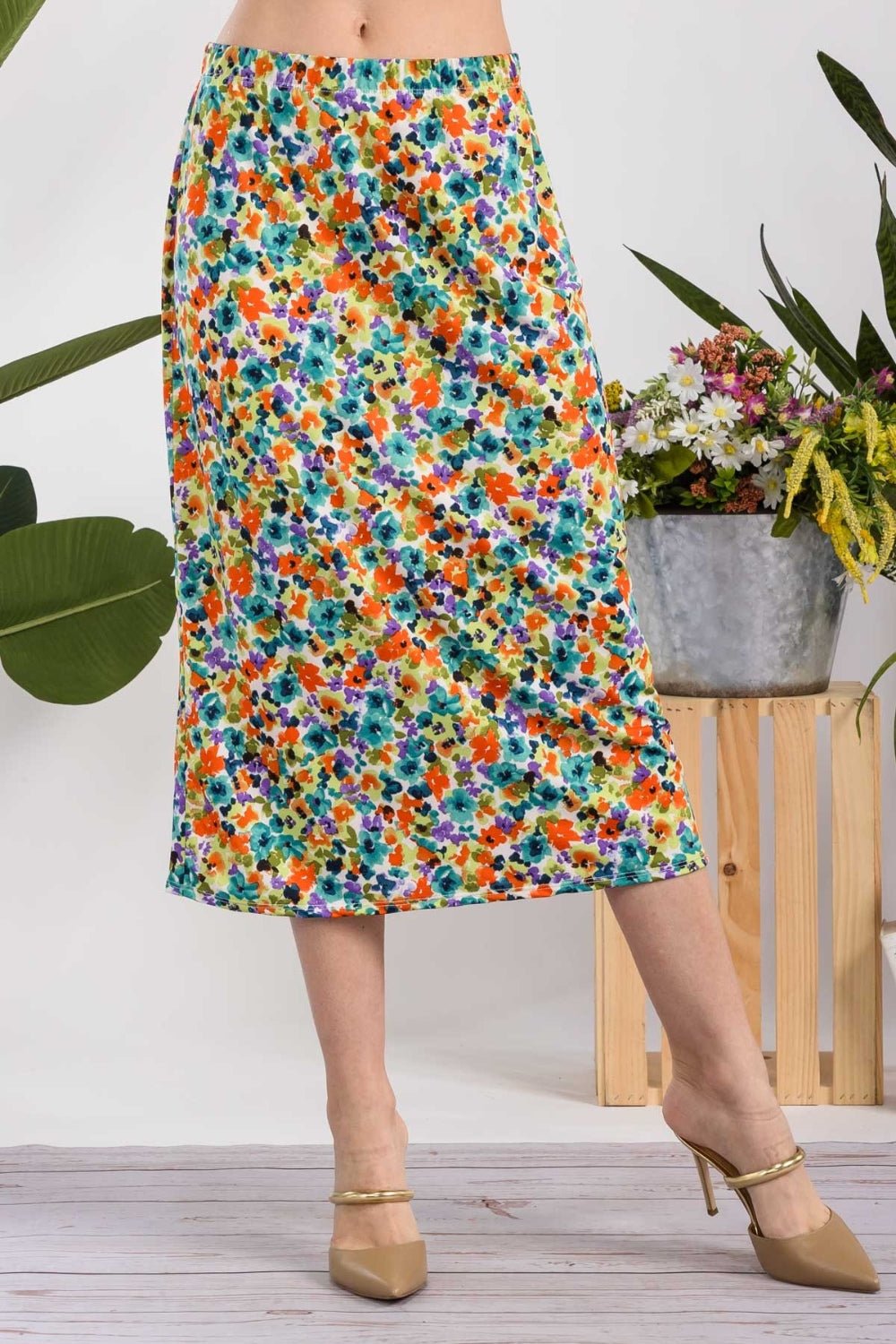 Celeste Full Size Floral A - Line Midi Skirt - Runway Regalia