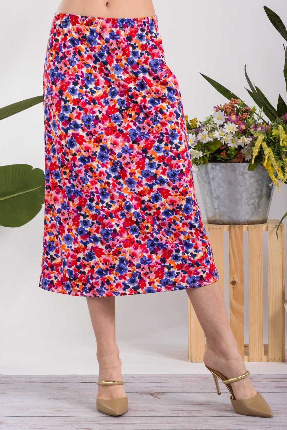 Celeste Full Size Floral A - Line Midi Skirt - Runway Regalia