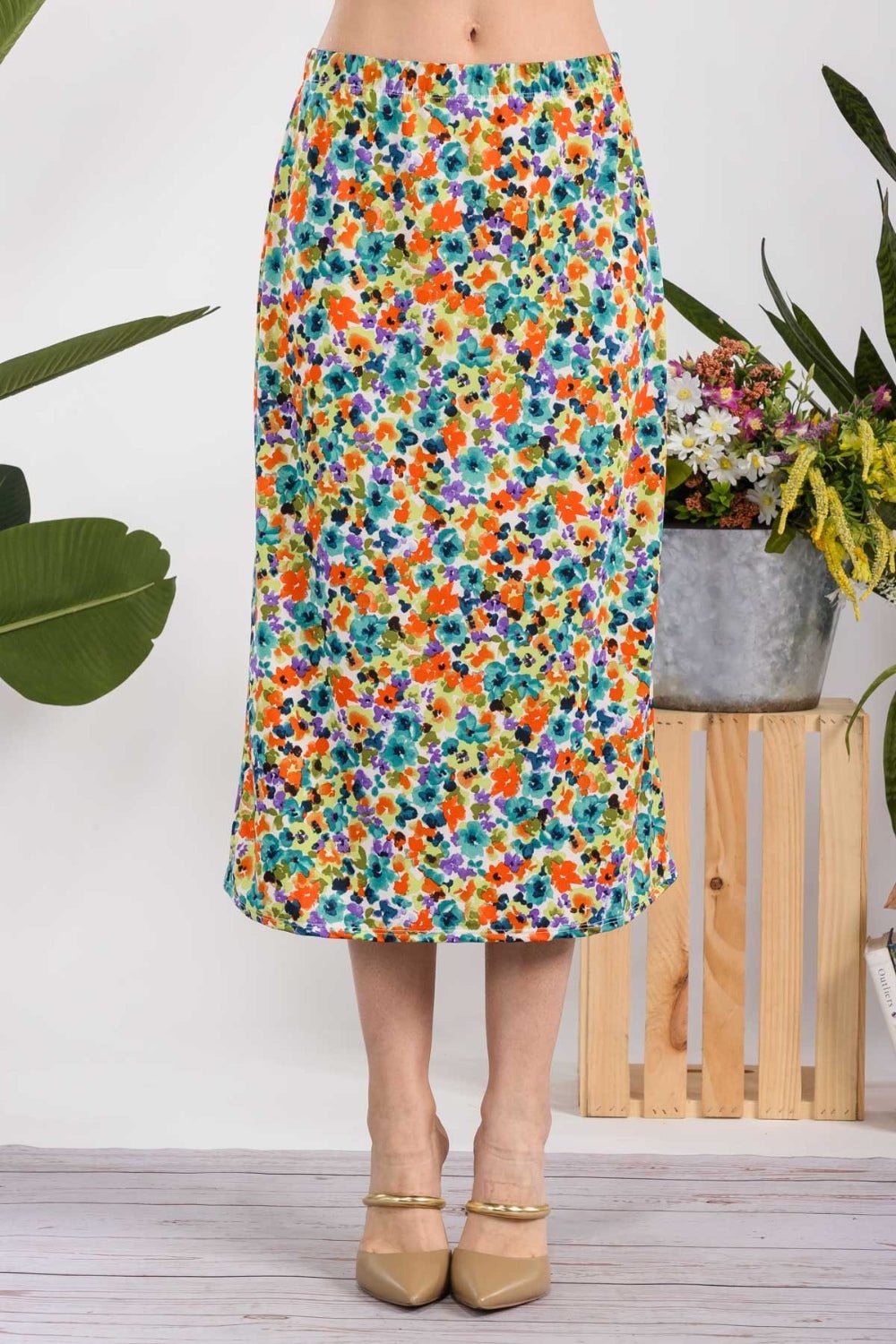 Celeste Full Size Floral A - Line Midi Skirt - Runway Regalia