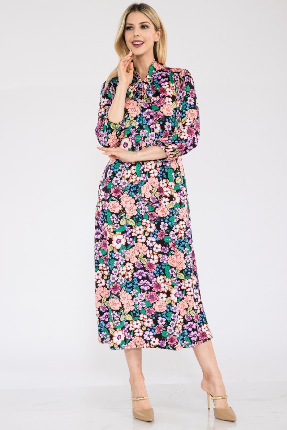 Celeste Full Size Floral Midi Dress with Bow Tied - Runway Regalia