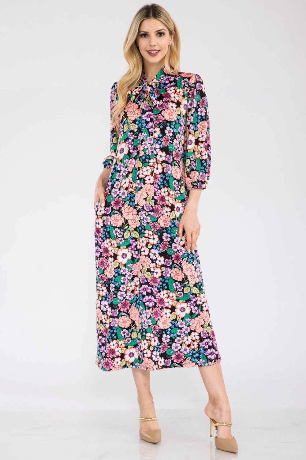 Celeste Full Size Floral Midi Dress with Bow Tied - Runway Regalia