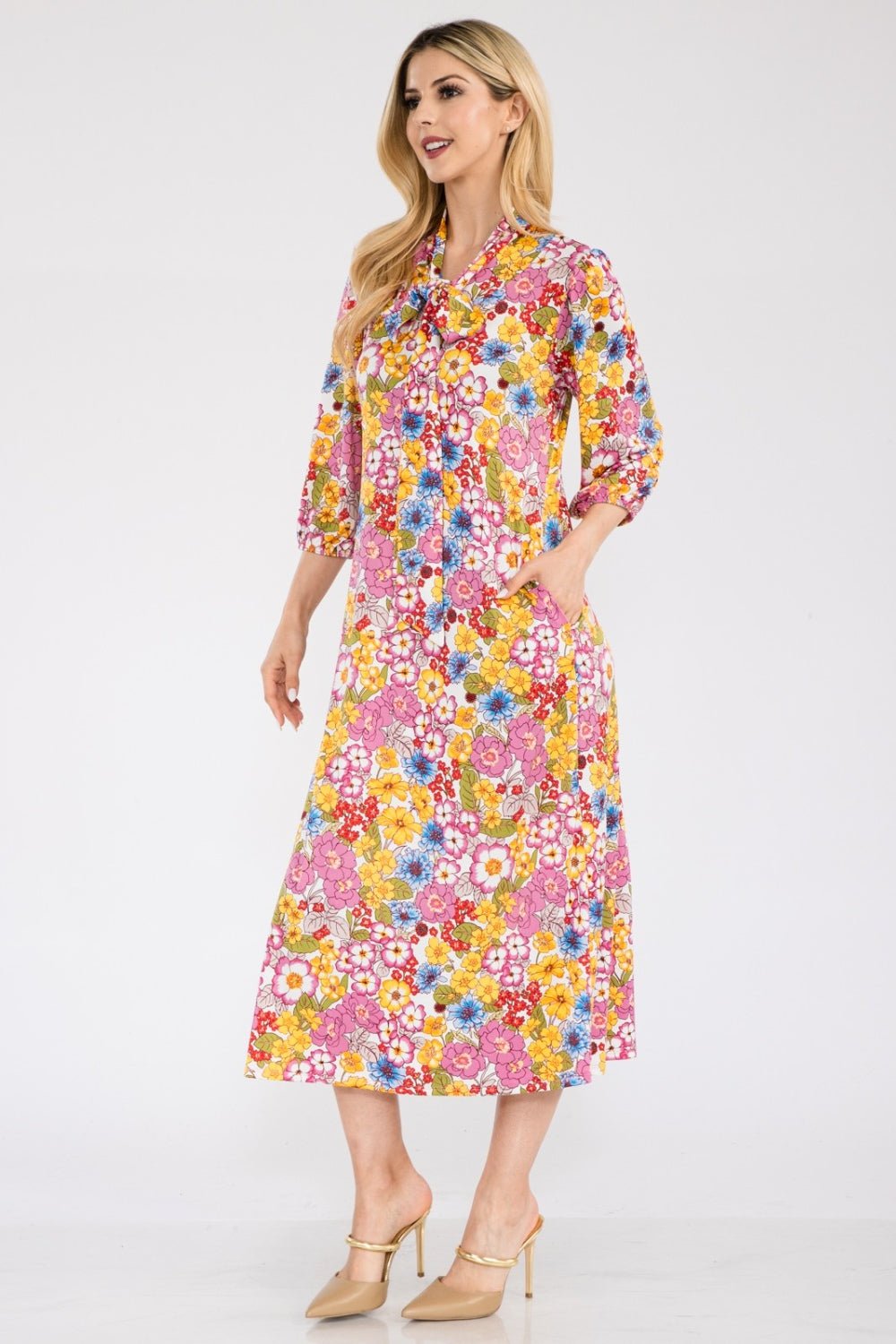 Celeste Full Size Floral Midi Dress with Bow Tied - Runway Regalia