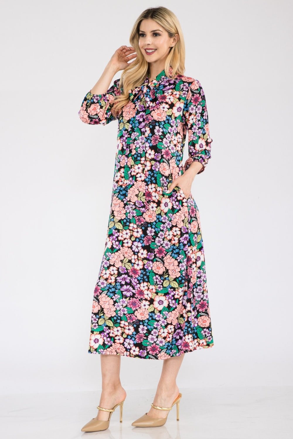 Celeste Full Size Floral Midi Dress with Bow Tied - Runway Regalia