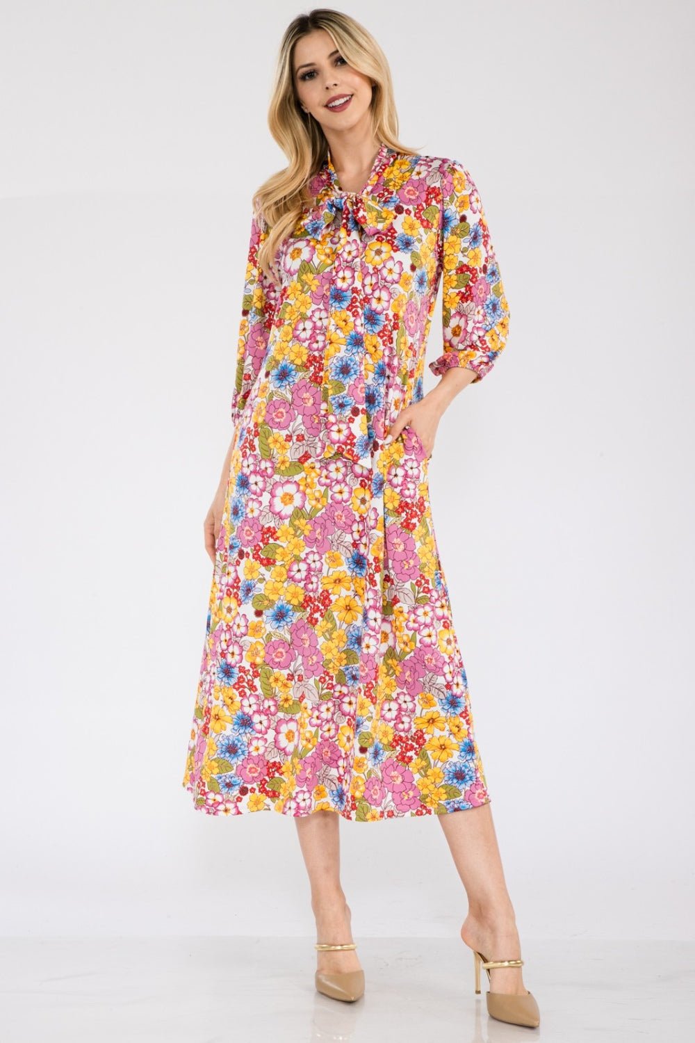 Celeste Full Size Floral Midi Dress with Bow Tied - Runway Regalia