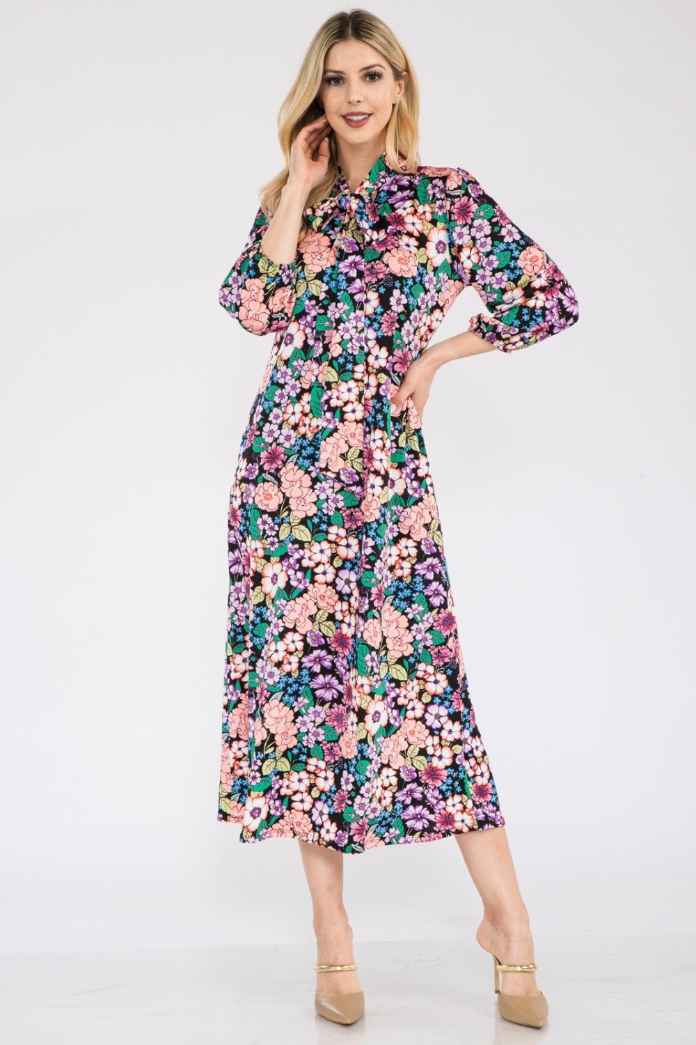 Celeste Full Size Floral Midi Dress with Bow Tied - Runway Regalia