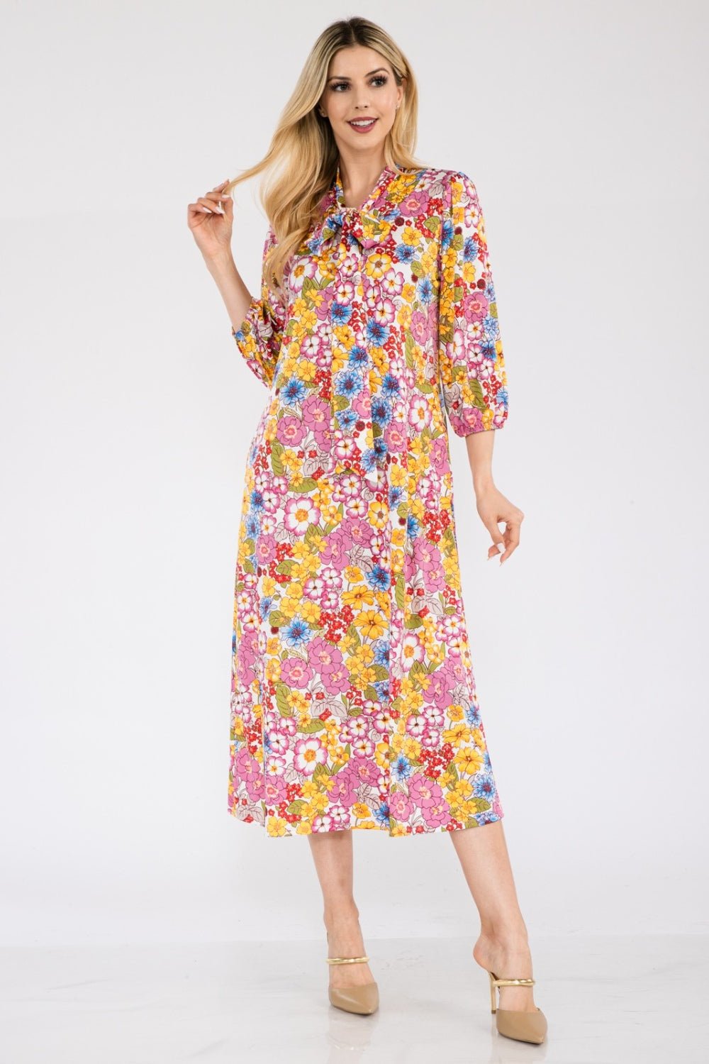 Celeste Full Size Floral Midi Dress with Bow Tied - Runway Regalia