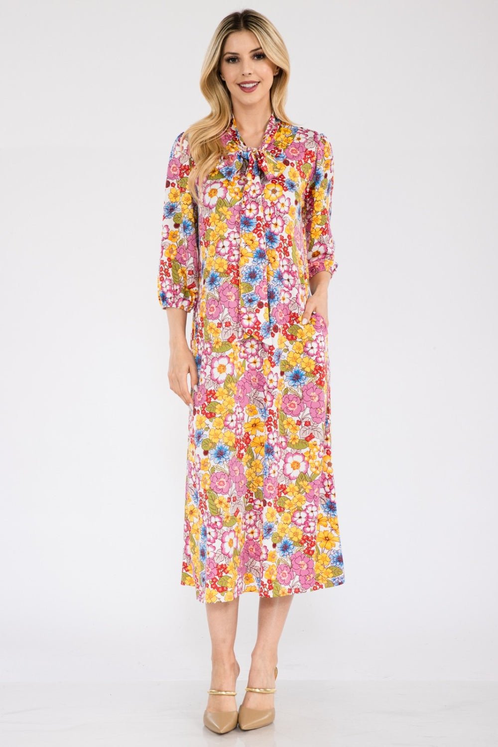 Celeste Full Size Floral Midi Dress with Bow Tied - Runway Regalia