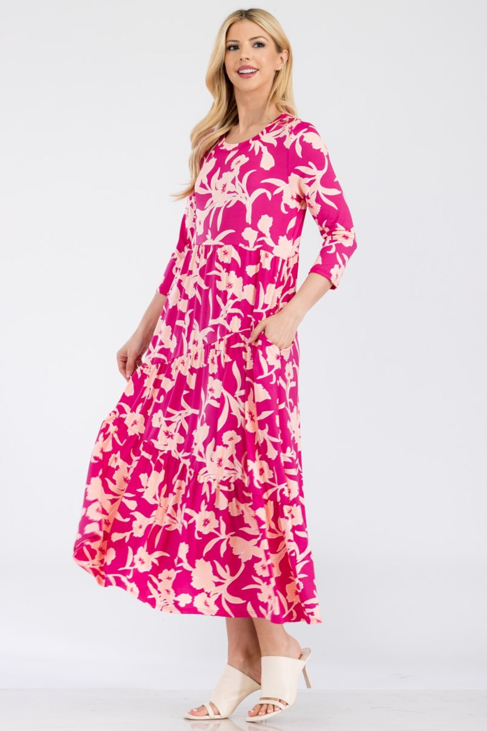 Celeste Full Size Floral Round Neck Ruffle Hem Dress - Runway Regalia