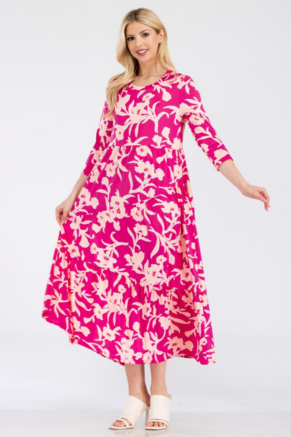 Celeste Full Size Floral Round Neck Ruffle Hem Dress - Runway Regalia