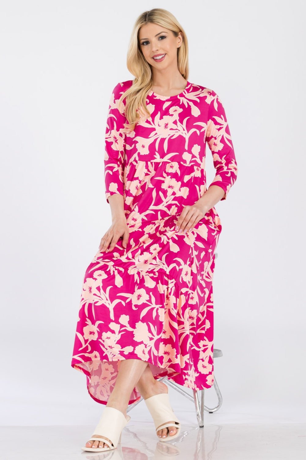 Celeste Full Size Floral Round Neck Ruffle Hem Dress - Runway Regalia