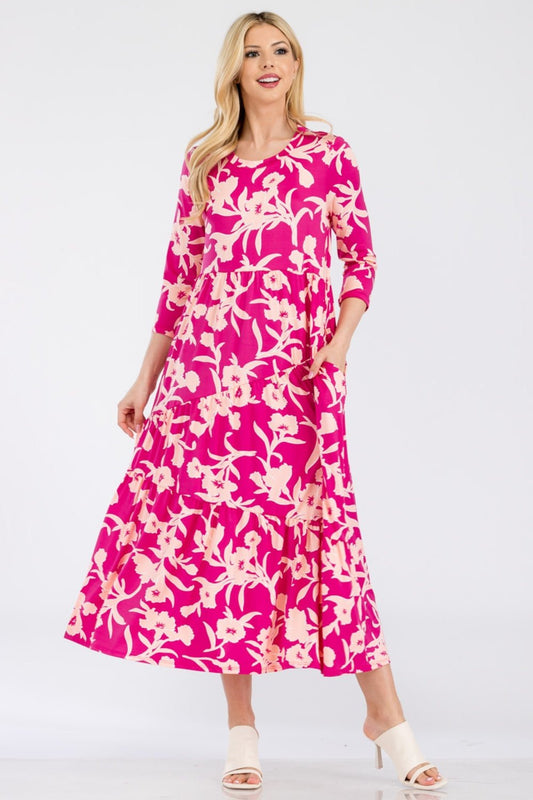 Celeste Full Size Floral Round Neck Ruffle Hem Dress - Runway Regalia