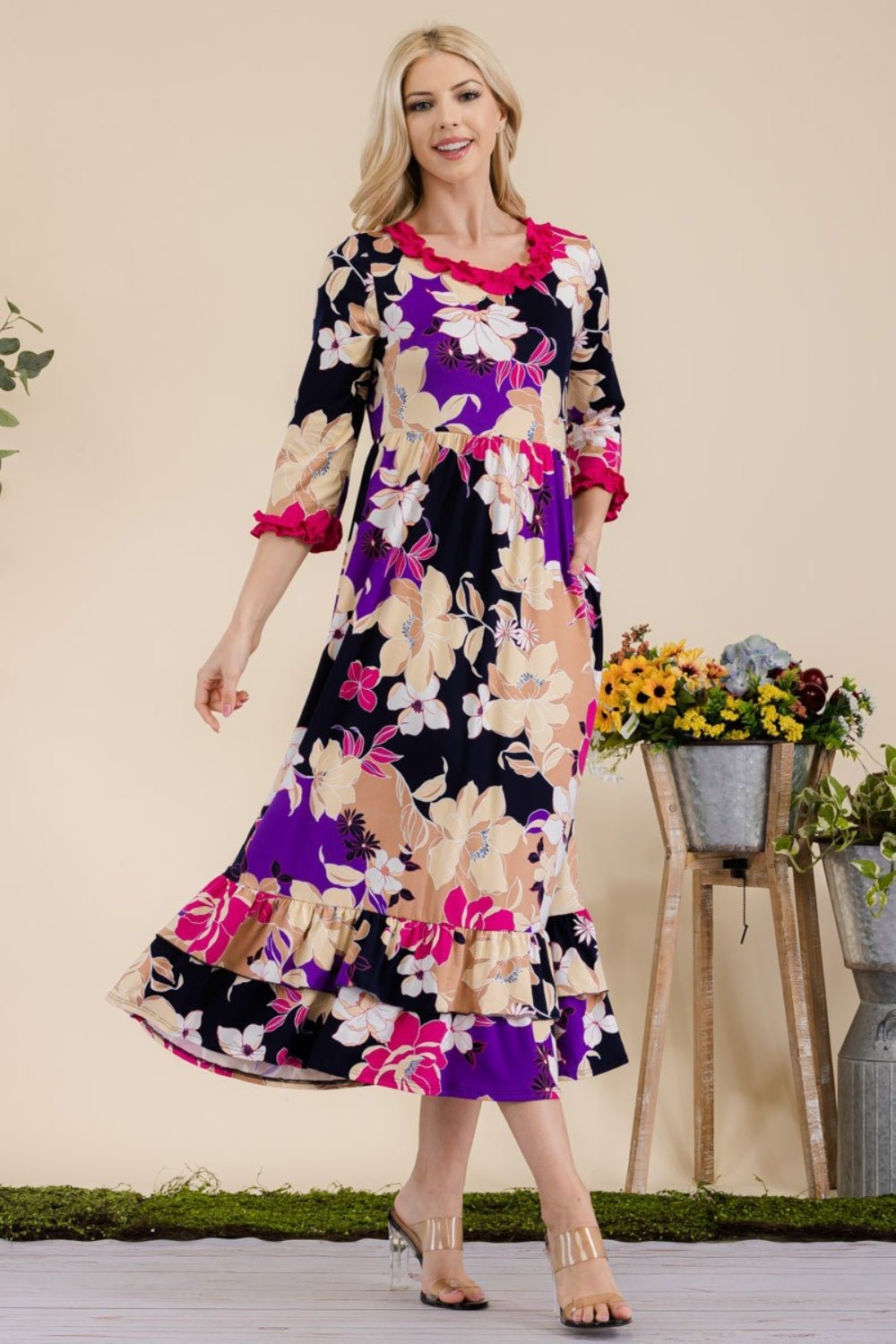 Celeste Full Size Floral Ruffled Midi Dress - Runway Regalia