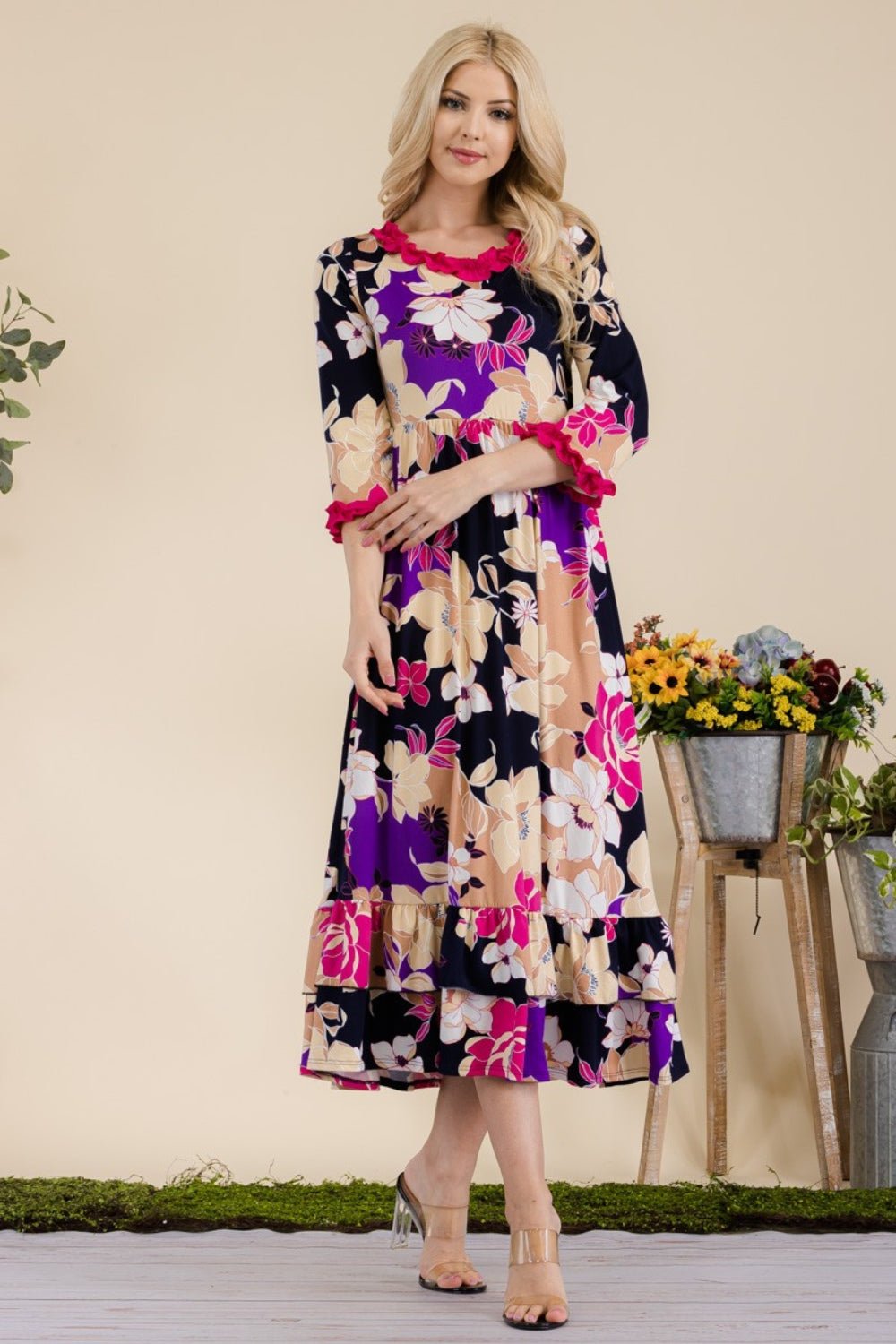 Celeste Full Size Floral Ruffled Midi Dress - Runway Regalia