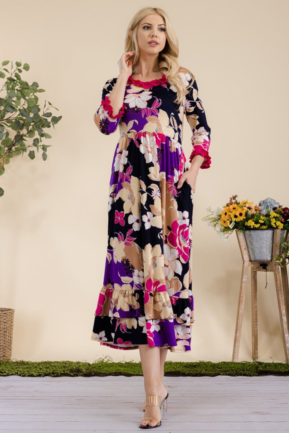 Celeste Full Size Floral Ruffled Midi Dress - Runway Regalia