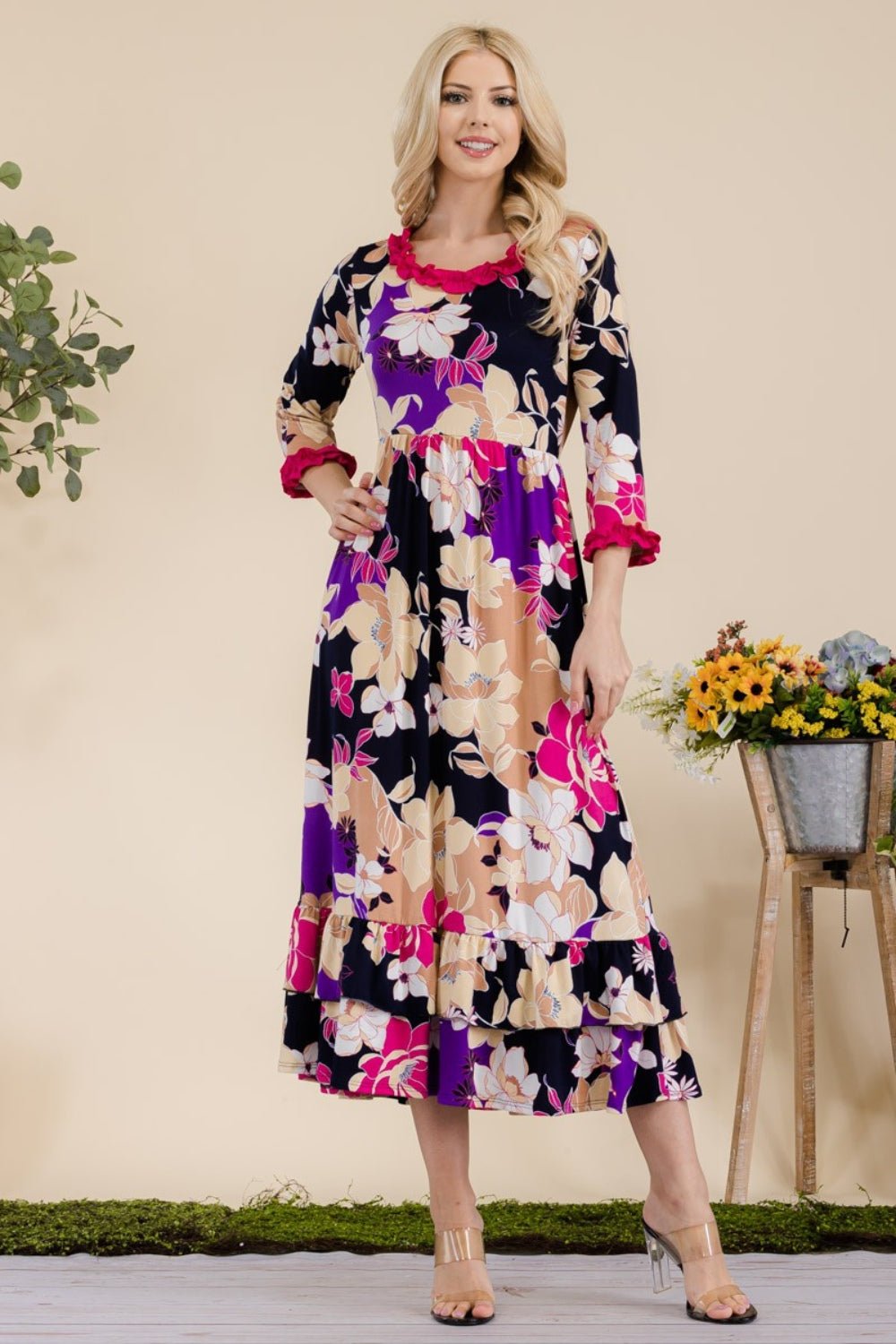 Celeste Full Size Floral Ruffled Midi Dress - Runway Regalia