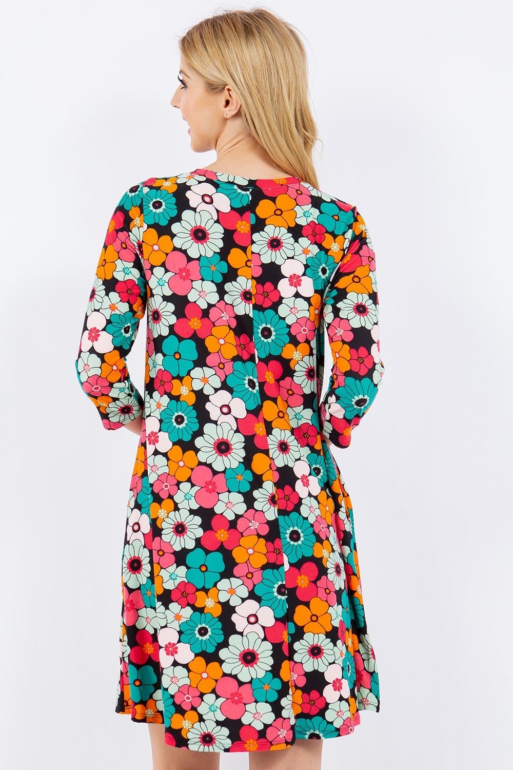 Celeste Full Size Floral Three - Quarter Sleeve Dress with Pockets - Runway Regalia