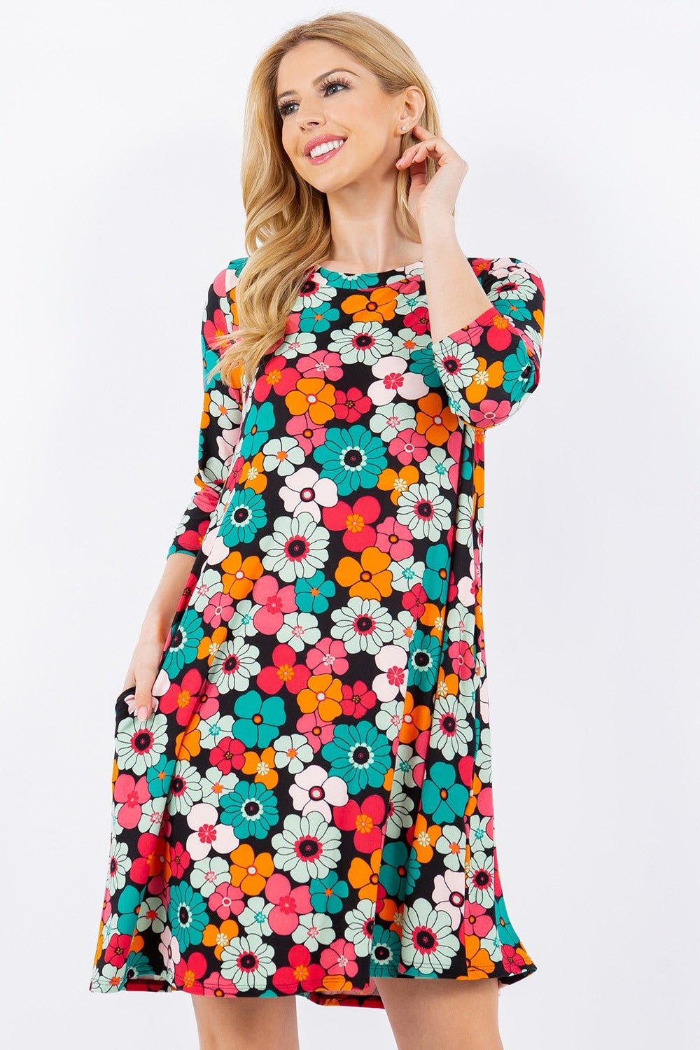 Celeste Full Size Floral Three - Quarter Sleeve Dress with Pockets - Runway Regalia