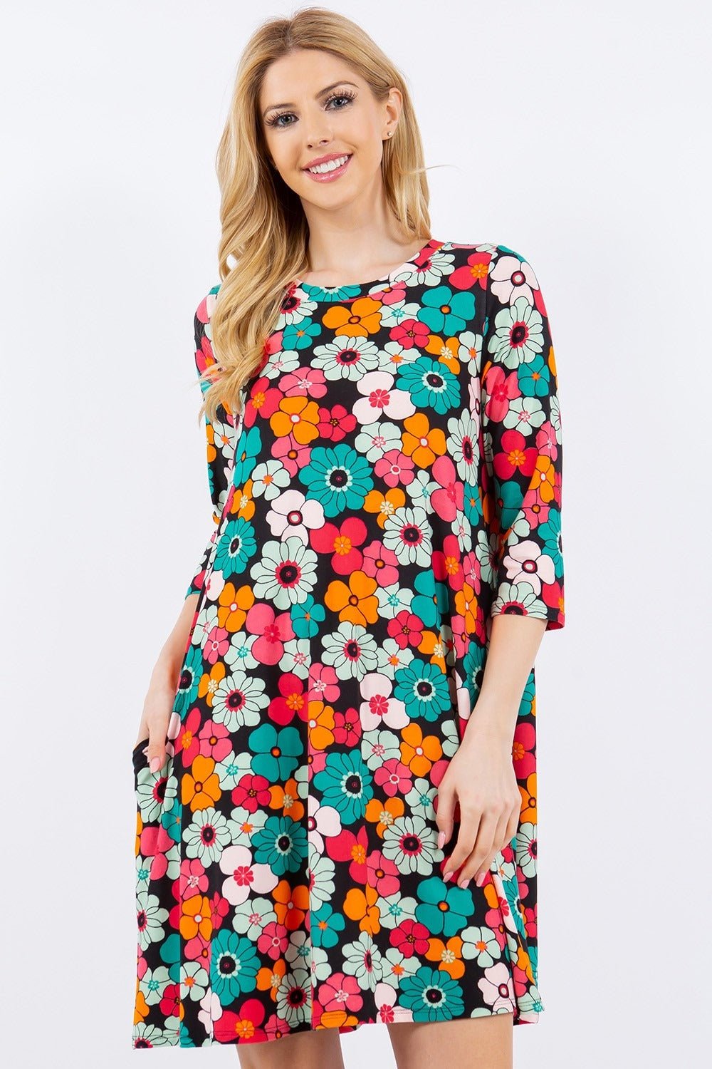 Celeste Full Size Floral Three - Quarter Sleeve Dress with Pockets - Runway Regalia