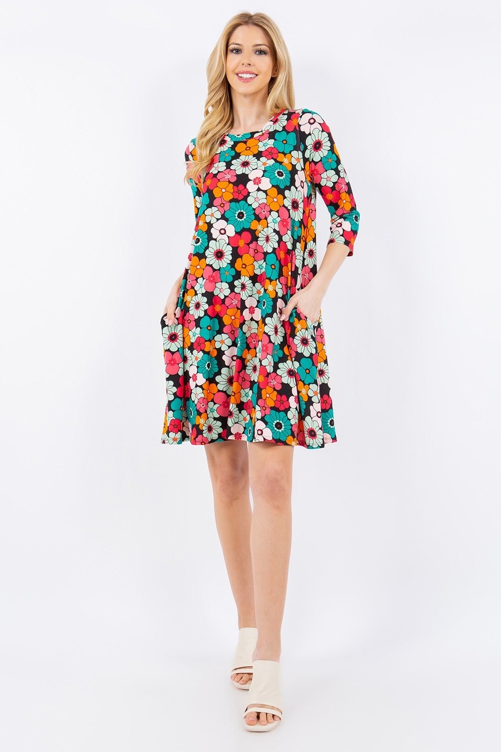 Celeste Full Size Floral Three - Quarter Sleeve Dress with Pockets - Runway Regalia